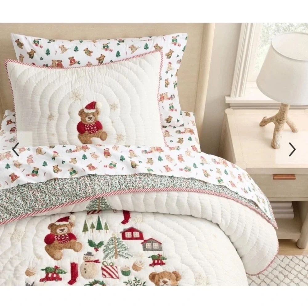 Pottery Barn Kids Teddy Bear Holiday TWIN Quilt & Pillow Sham NEW